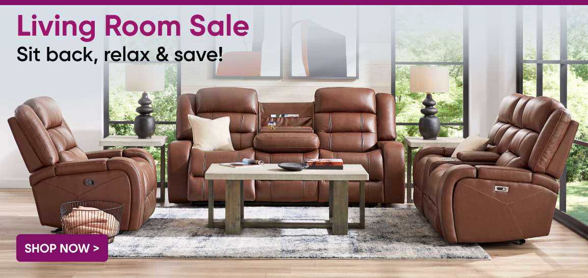 Living Room Sale. Sit back, relax & save! Brown leather reclining furniture.