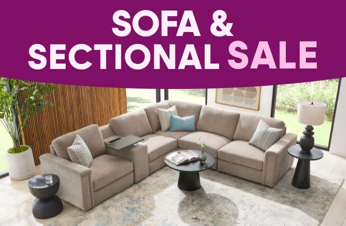 SOFA & SECTIONAL SALE. A beige sectional sofa in a modern living room.
