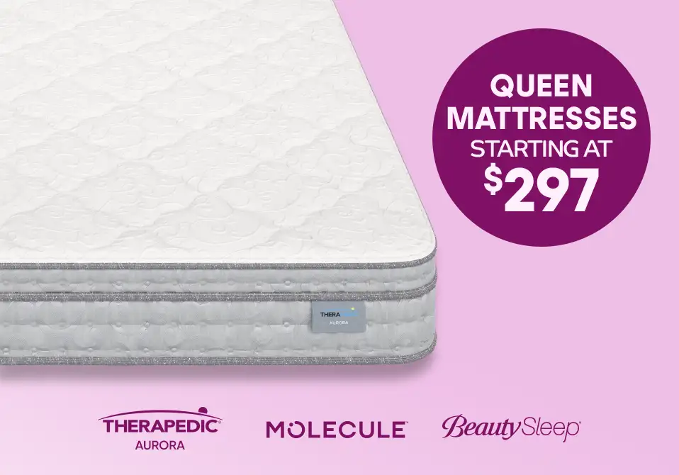 Queen mattresses starting at $297. A white mattress with a purple background.
