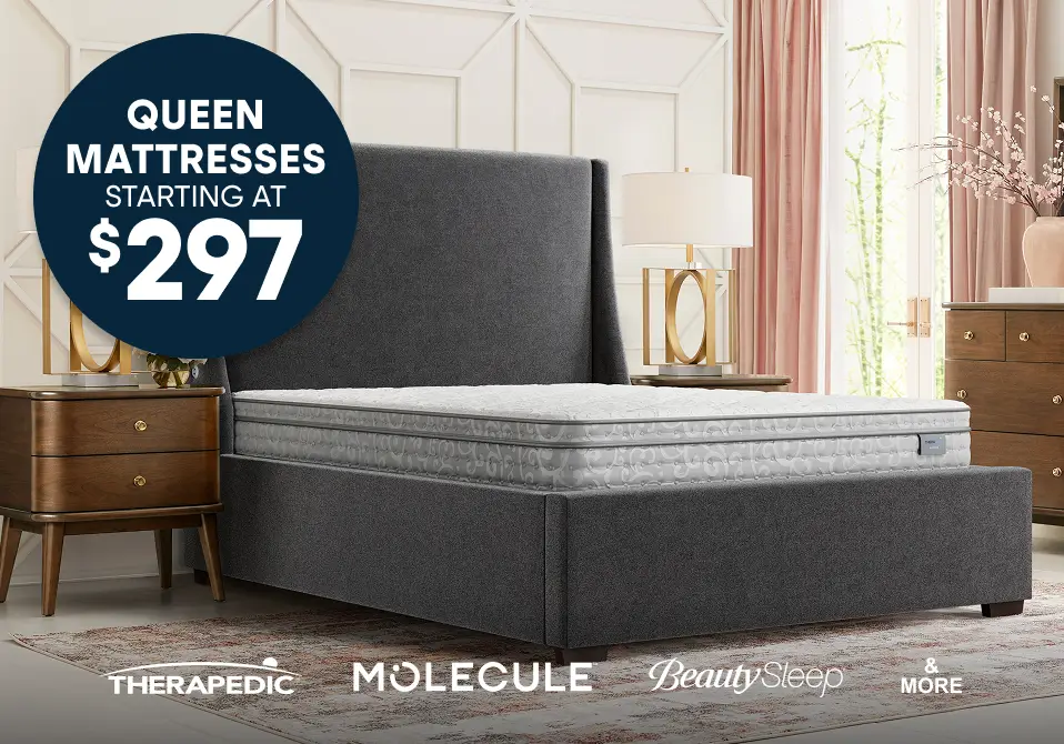 Queen mattresses starting at $297, featuring brands like Therapedic, Molecule, and BeautySleep in a modern bedroom setting.