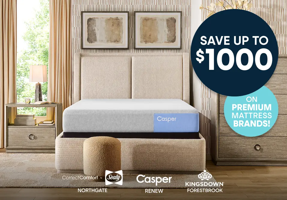 Save up to $1000 on premium mattress brands including Sealy, Casper, and Kingsdown, featuring a modern bedroom display.