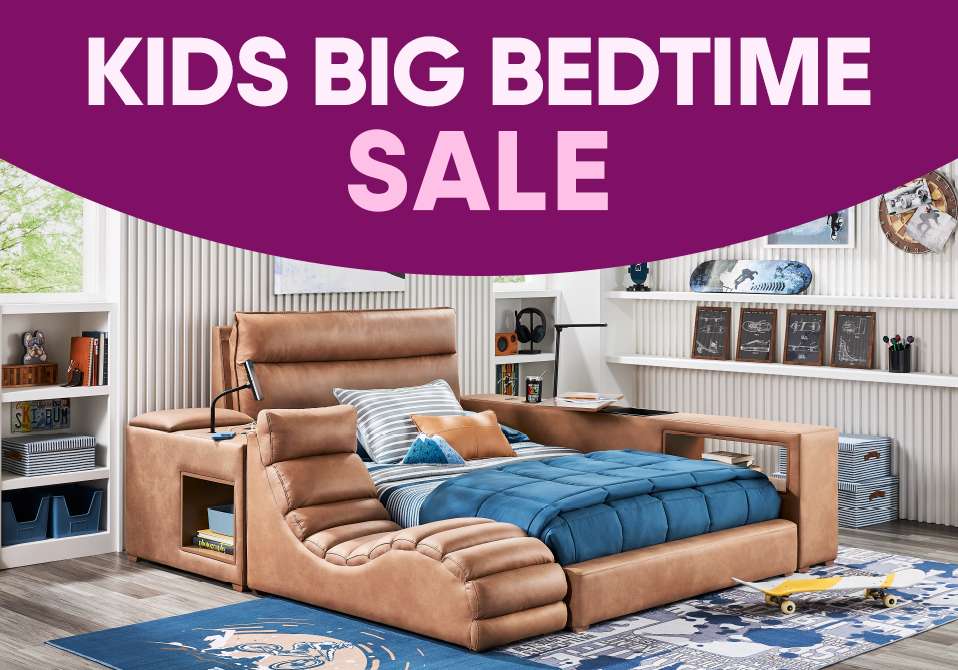 KIDS BIG BEDTIME SALE. A brown leather bed with built-in storage and a blue comforter.
