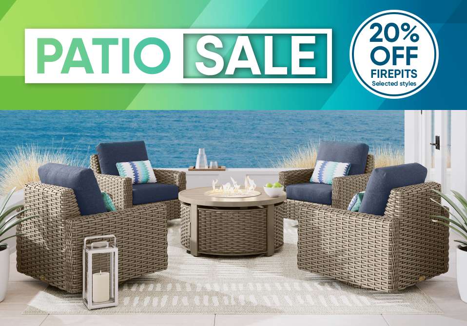 PATIO SALE. 20% OFF FIREPITS. Patio furniture set with a fire pit.
