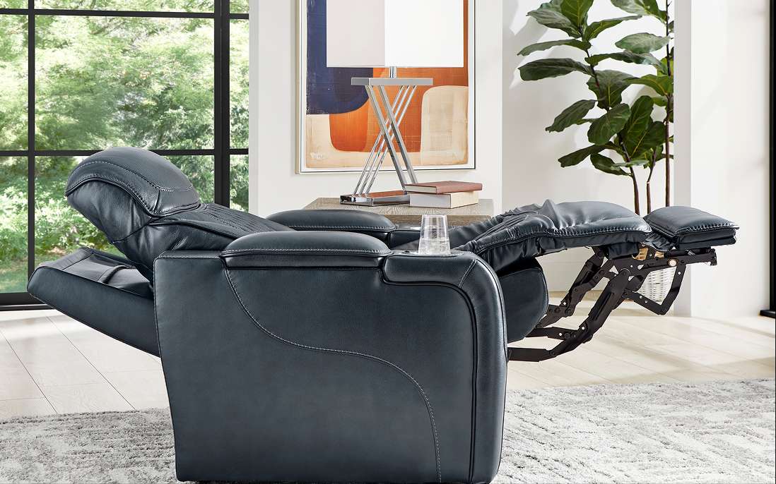 Blue leather recliner chair.
