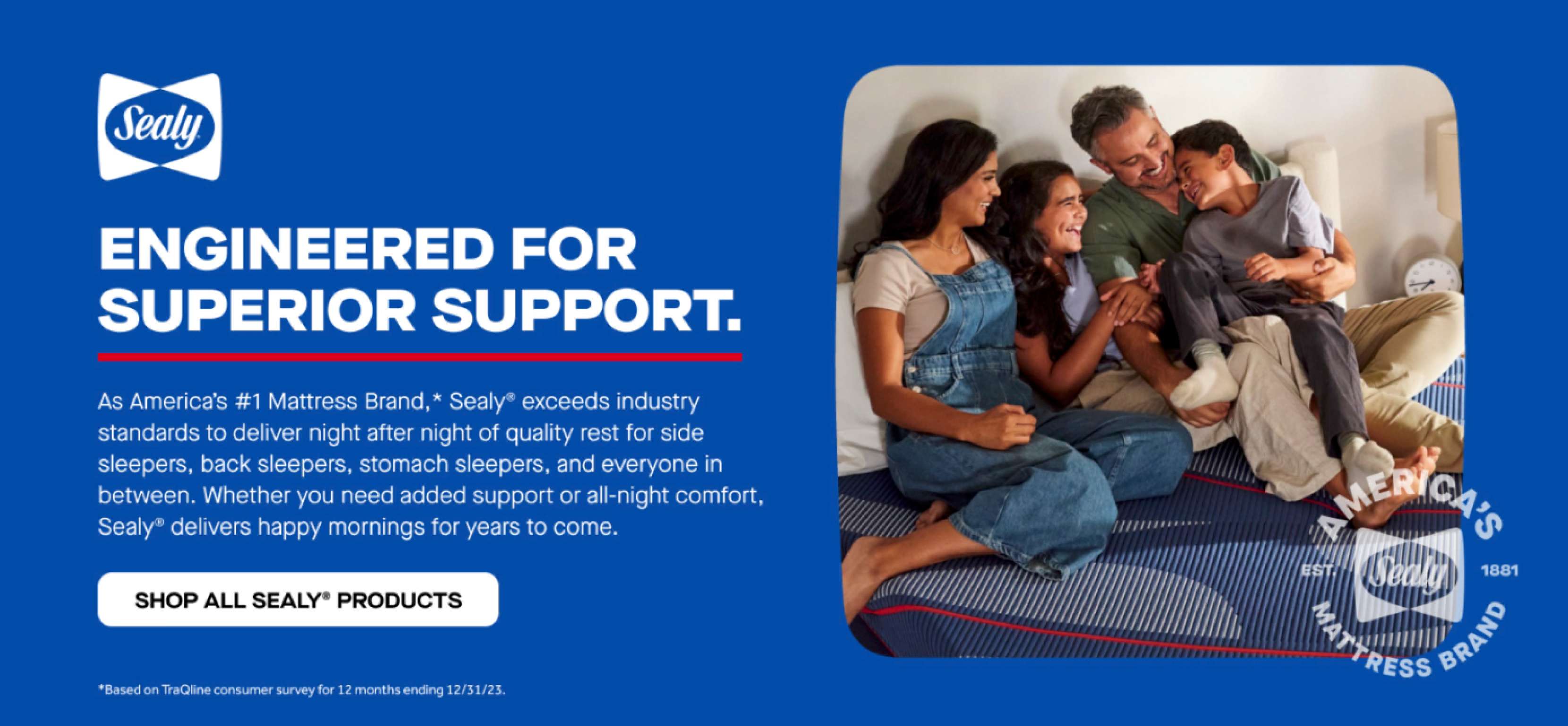 Sealy mattress ad featuring a family on a bed.
