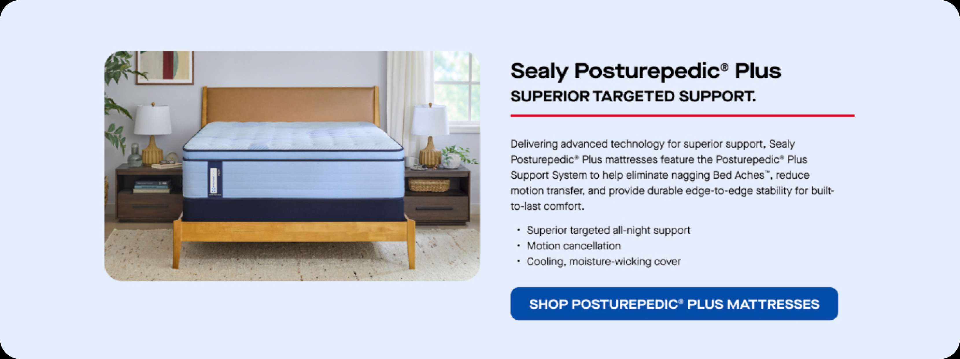 Sealy Posturepedic® Plus mattress with text describing its features.
