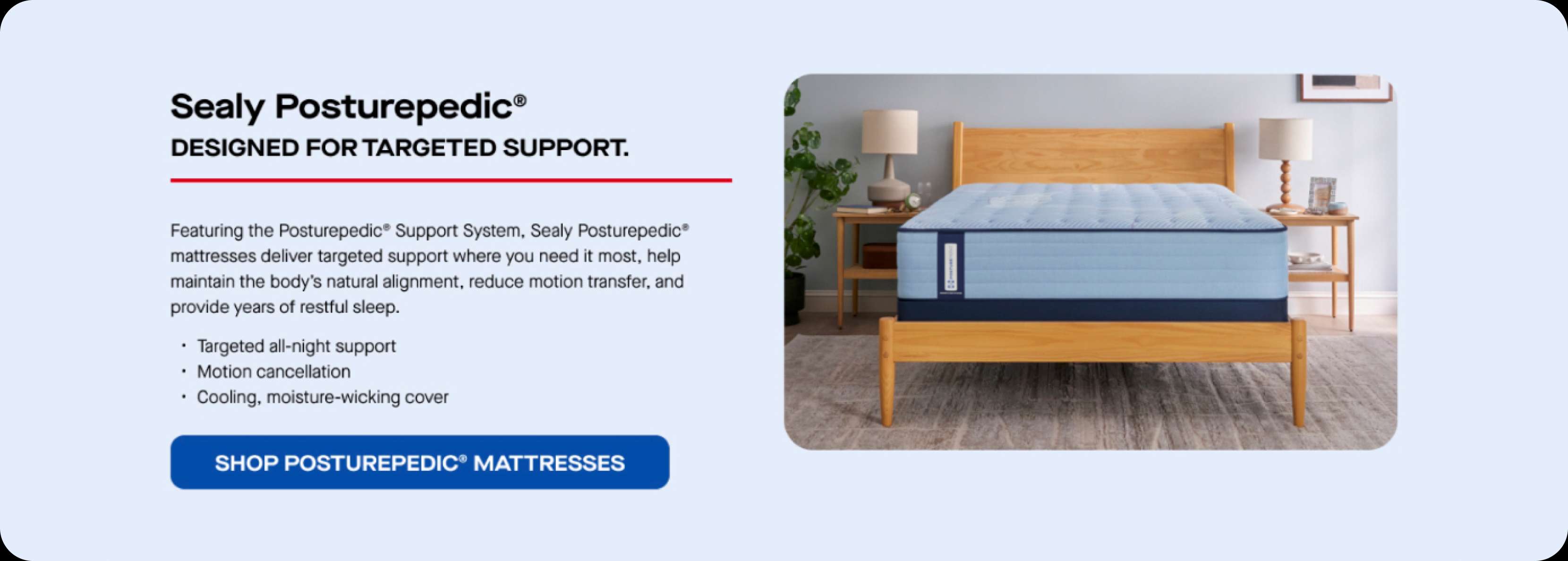 Sealy Posturepedic mattress on a wooden bed frame.
