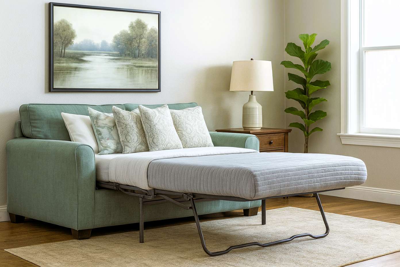 A green pull-out sofa with pillows, a lamp, and a painting.
