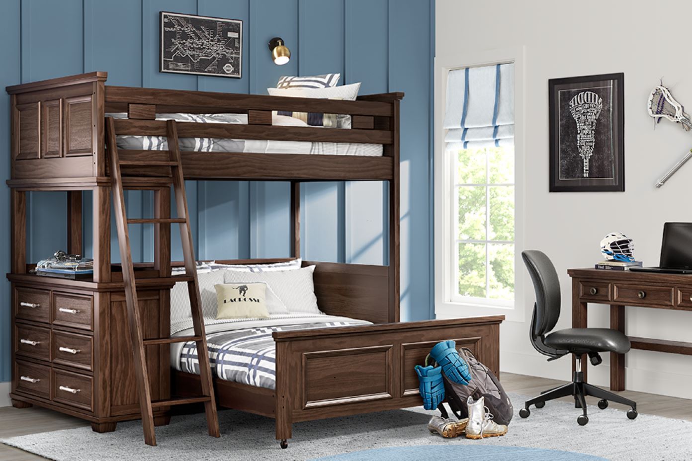 Dark brown bunk bed with a desk and lacrosse equipment.
