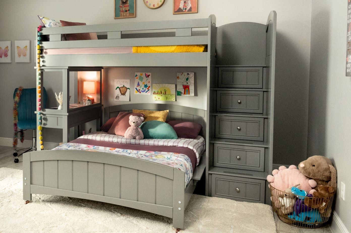 grey bunkbed with steps