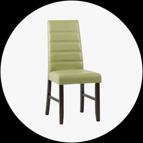Green upholstered dining chair with dark wooden legs.
