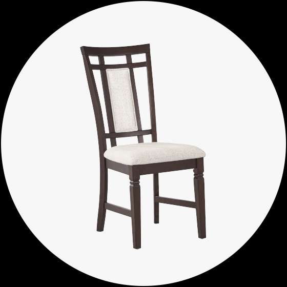 Dark brown wooden dining chair with a light beige upholstered seat and back.
