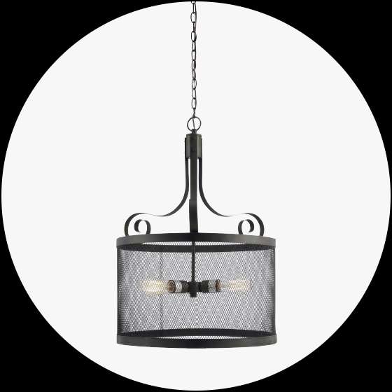 Black metal mesh pendant light.
