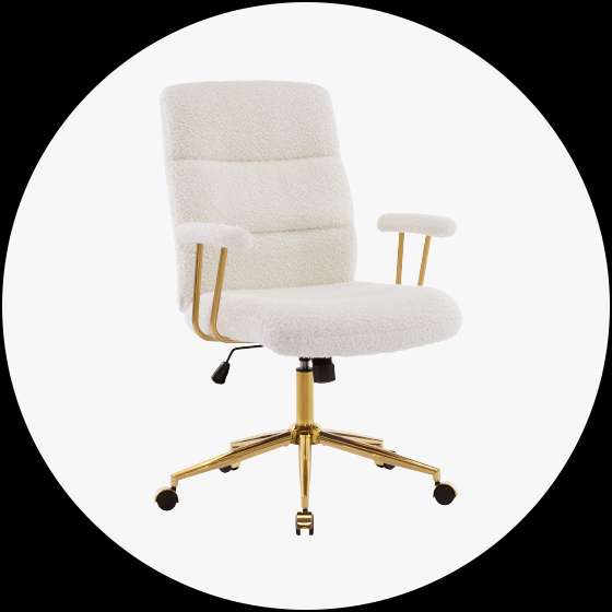 White sherpa office chair with gold base and armrests.
