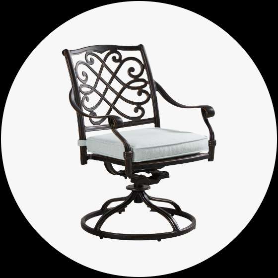 Outdoor swivel chair with a light blue cushion.
