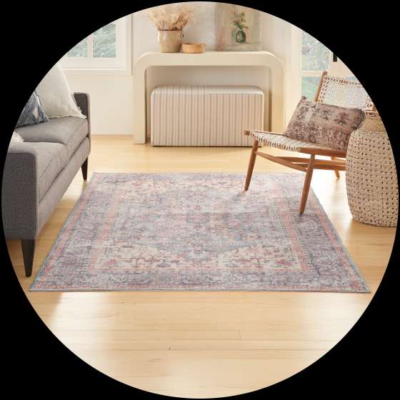 Area rug in a living room setting.
