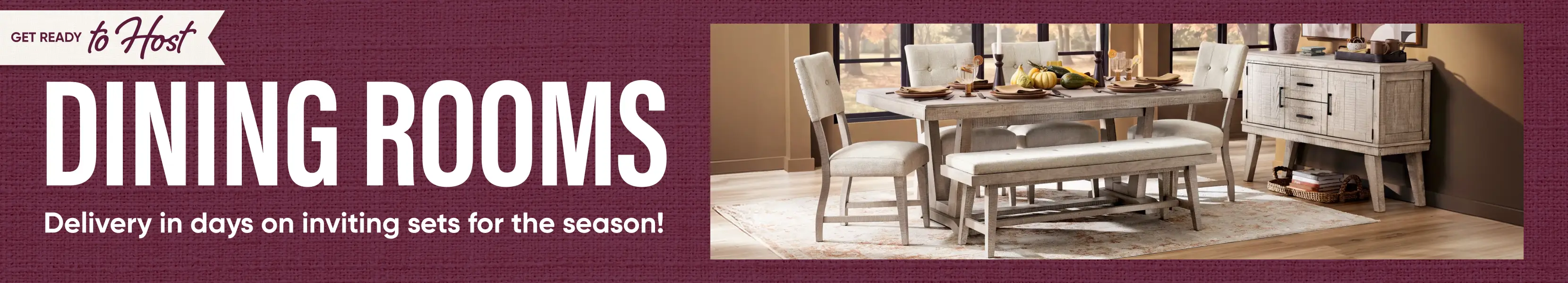GET READY to Host DINING ROOMS. Delivery in days on inviting sets for the season! A rustic dining set with a bench.