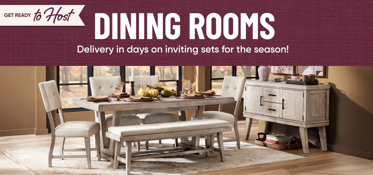 GET READY to Host DINING ROOMS. Delivery in days on inviting sets for the season! A rustic dining set with a bench.