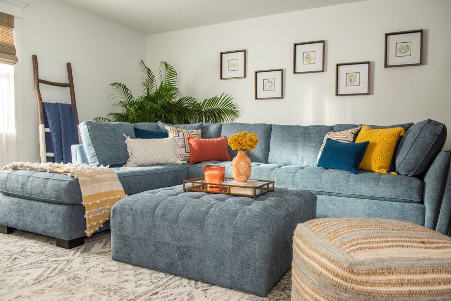 blue couch with blue ottoman 
