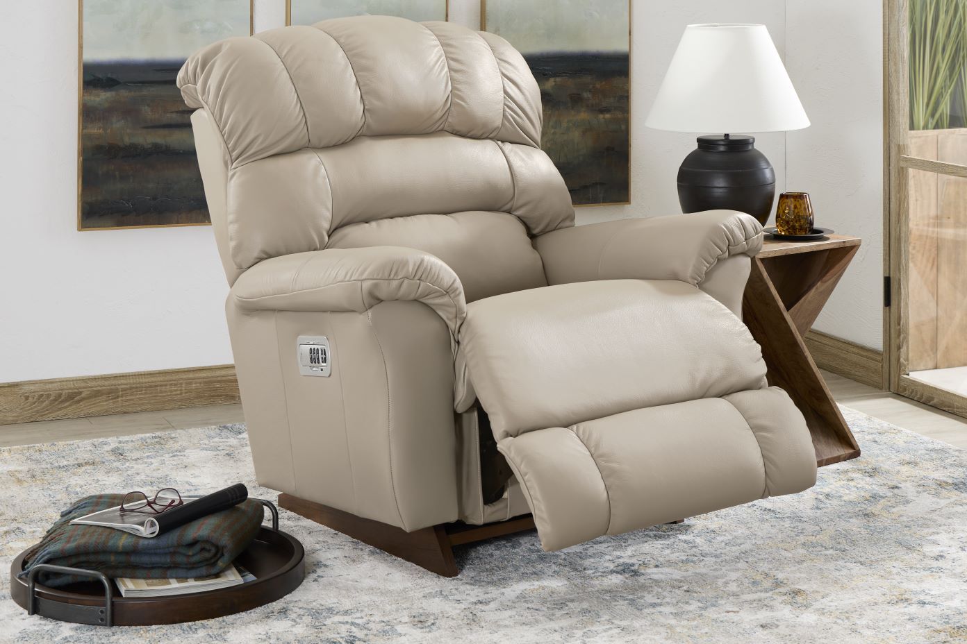 Beige leather recliner chair.
