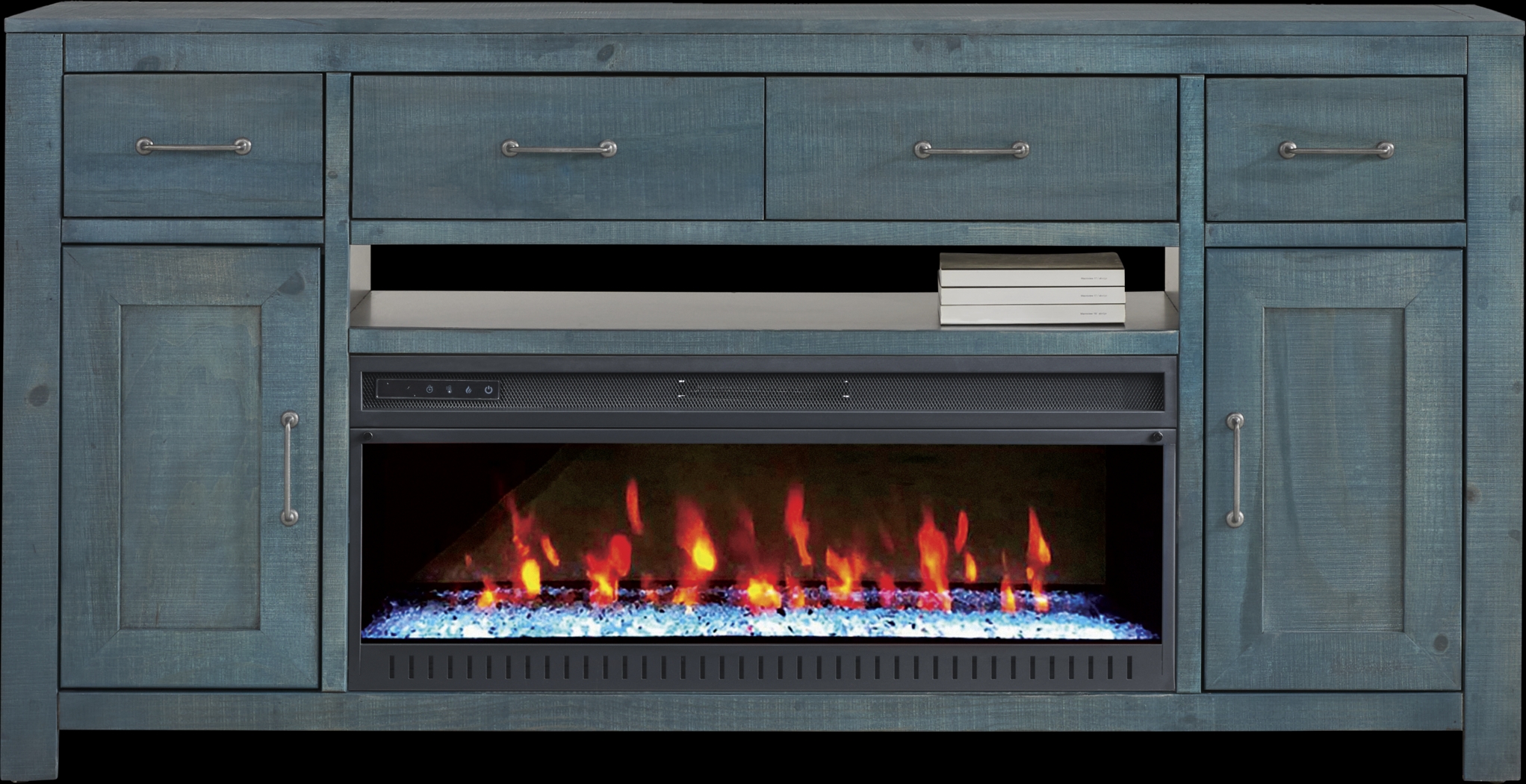 Abbey Springs Blue 77" Console with Electric Fireplace - Thumbnail - Image 1