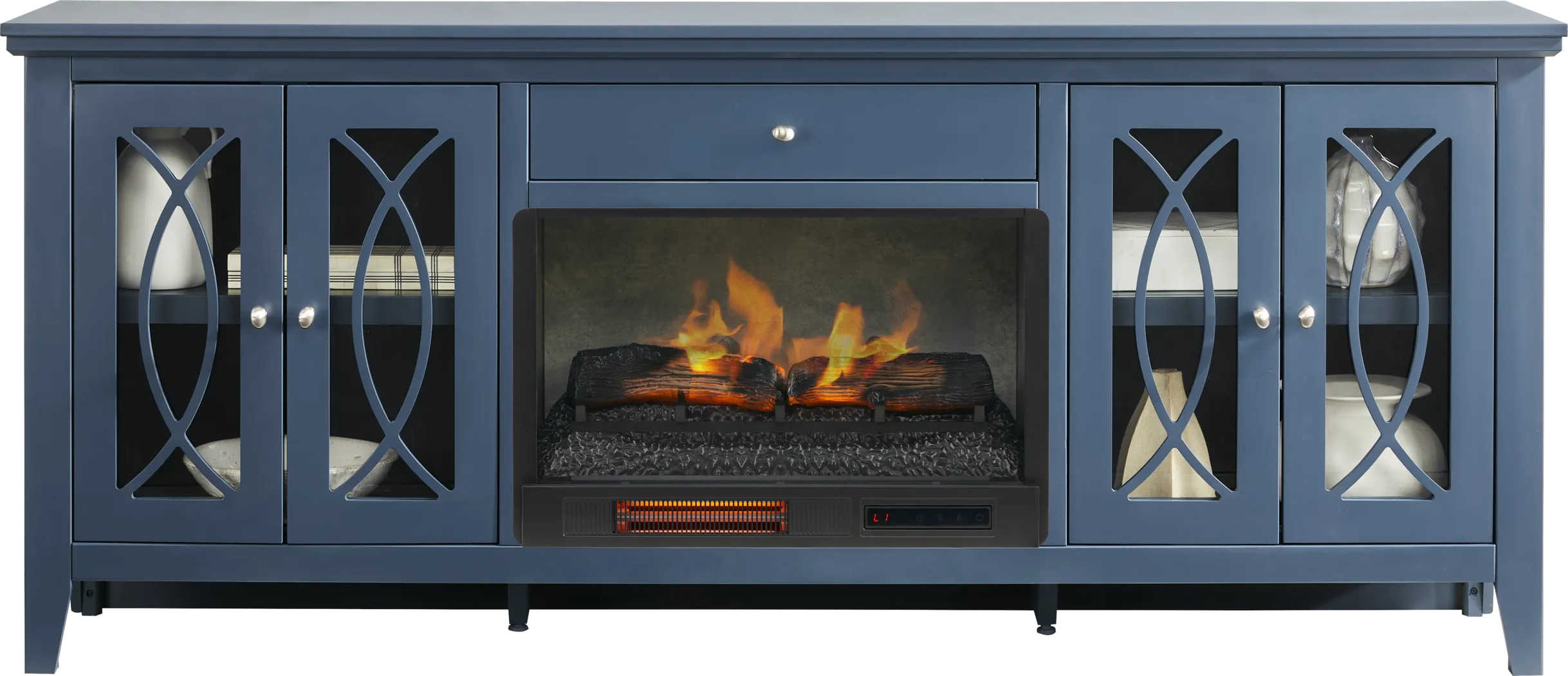 Abbie II Blue 80 in. Console with Electric Log Fireplace - Thumbnail - Image 2