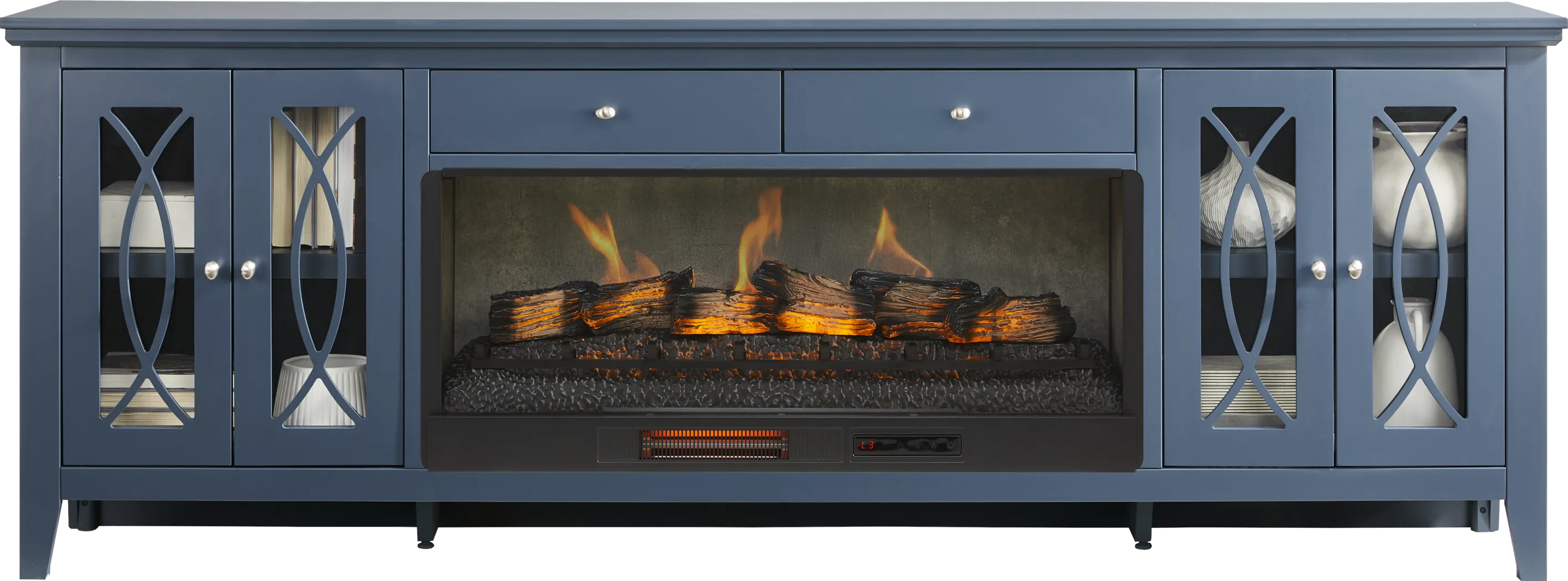 Abbie II Blue 93 in. Console with Electric Log Fireplace - Thumbnail - Image 2