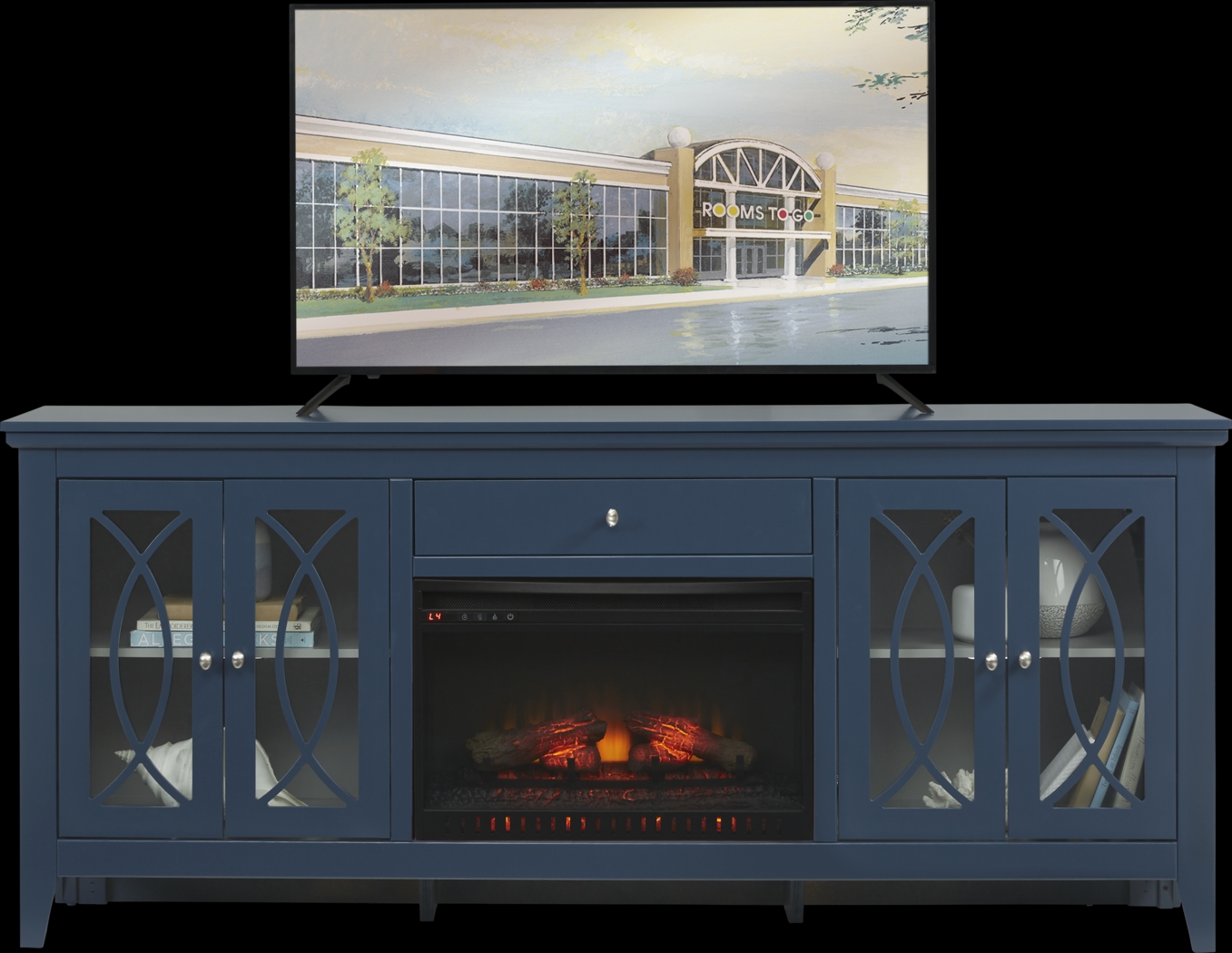 Abbie Navy 80 in. Console with Electric Log Fireplace - Thumbnail - Image 1