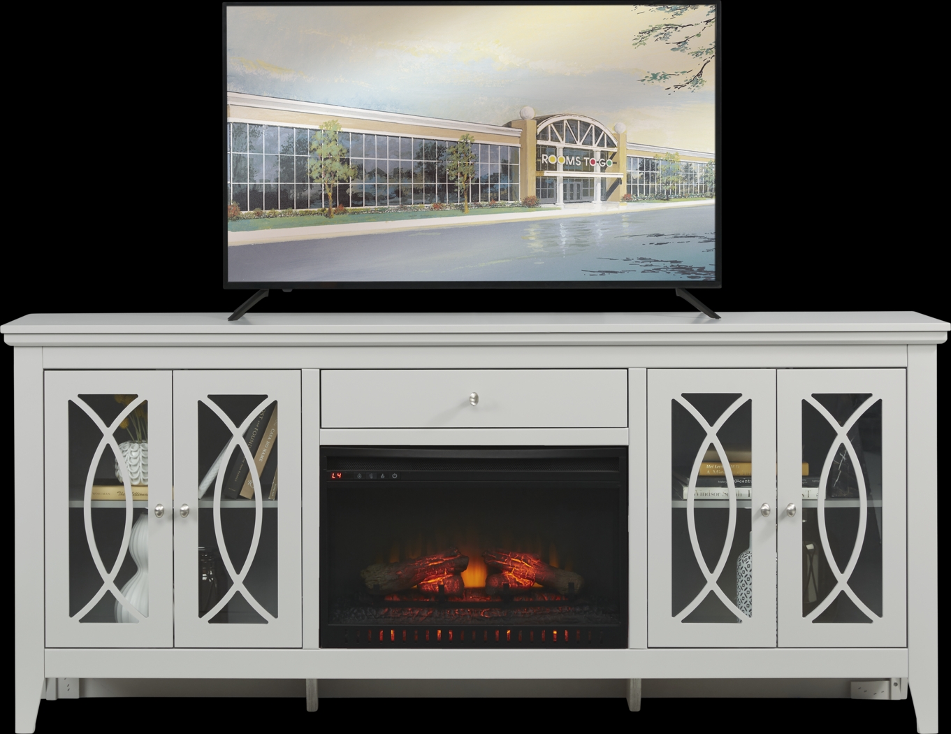 Abbie Silver 80 in. Console with Electric Log Fireplace - Thumbnail - Image 1