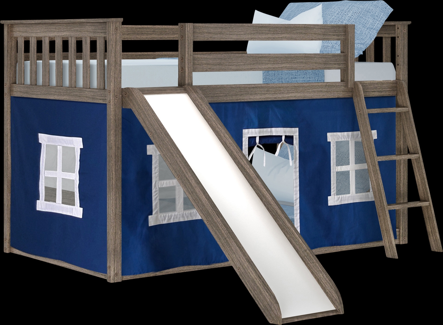 Kids Abdiel Brown Twin/Twin Low Bunk Bed with Slide and Blue Tent - Thumbnail - Image 2