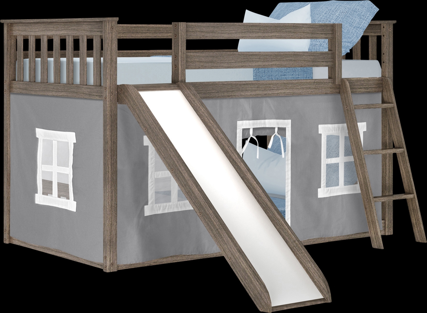 Kids Abdiel Brown Twin/Twin Low Bunk Bed with Slide and Gray Tent - Thumbnail - Image 2