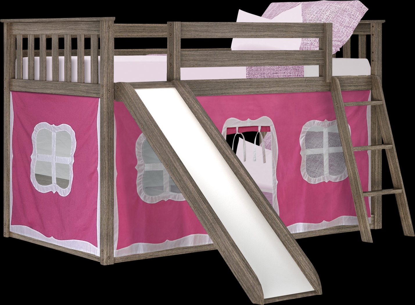 Kids Abdiel Brown Twin/Twin Low Bunk Bed with Slide and Pink Tent - Thumbnail - Image 2