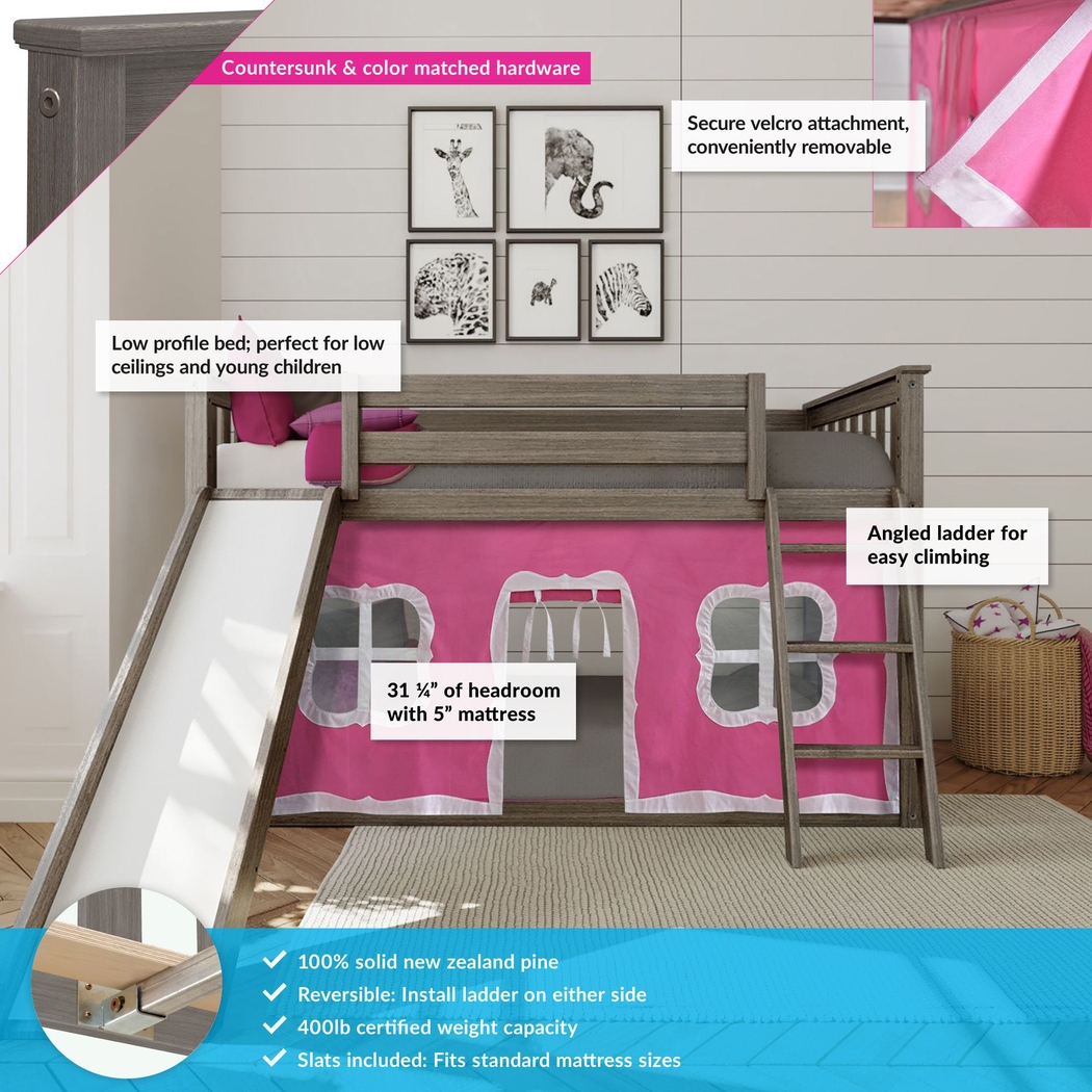 Kids Abdiel Brown Twin/Twin Low Bunk Bed with Slide and Pink Tent - Thumbnail - Image 3