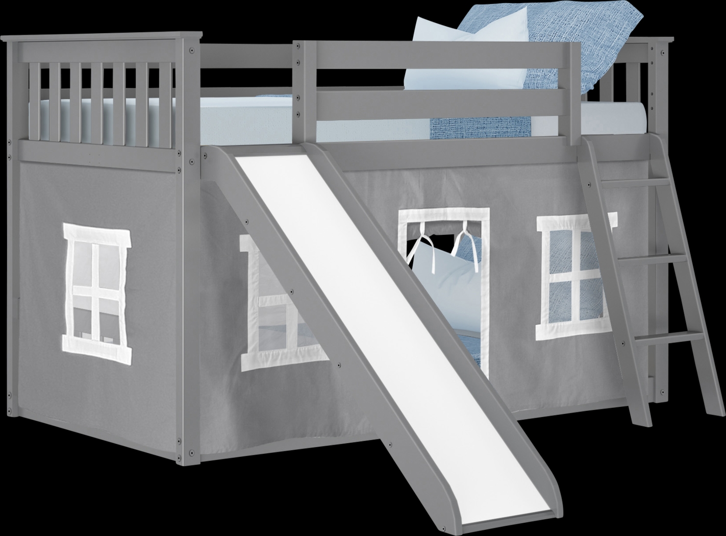 Kids Abdiel Gray Twin/Twin Low Bunk Bed with Slide and Gray Tent - Thumbnail - Image 2