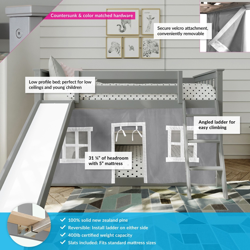 Kids Abdiel Gray Twin/Twin Low Bunk Bed with Slide and Gray Tent - Thumbnail - Image 3