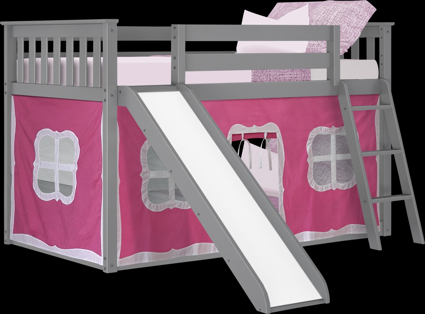 Kids Abdiel Gray Twin/Twin Low Bunk Bed with Slide and Pink Tent - Thumbnail - Image 2