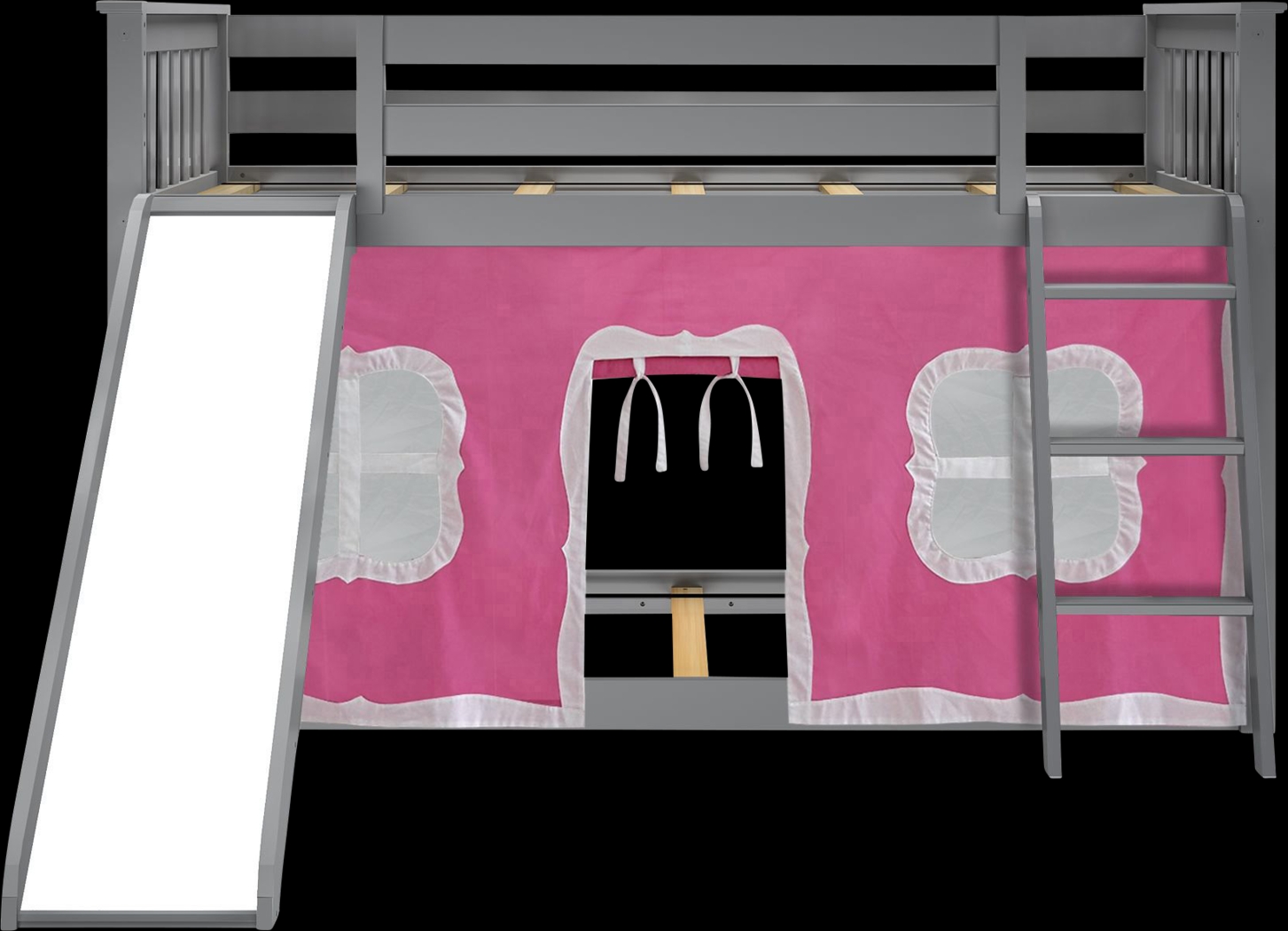 Kids Abdiel Gray Twin/Twin Low Bunk Bed with Slide and Pink Tent - Thumbnail - Image 4