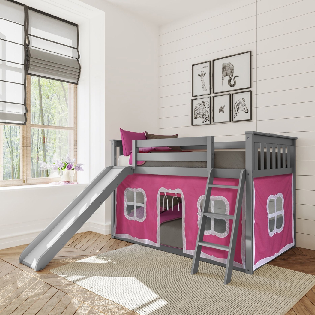 Kids Abdiel Gray Twin/Twin Low Bunk Bed with Slide and Pink Tent - Thumbnail - Image 1