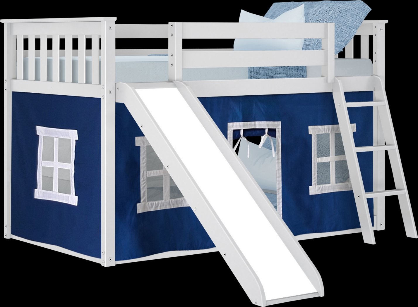 Kids Abdiel White Twin/Twin Low Bunk Bed with Slide and Blue Tent - Thumbnail - Image 2