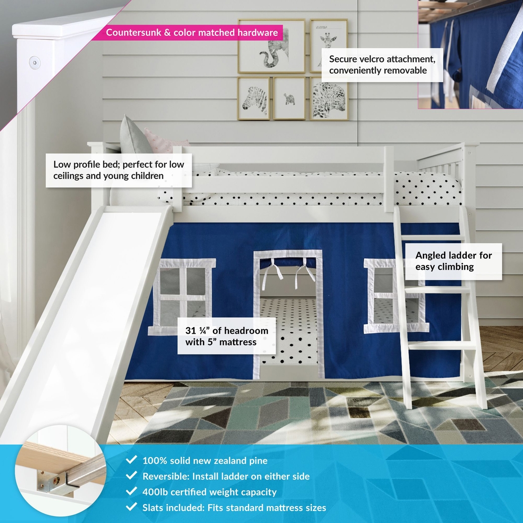 Kids Abdiel White Twin/Twin Low Bunk Bed with Slide and Blue Tent - Thumbnail - Image 3