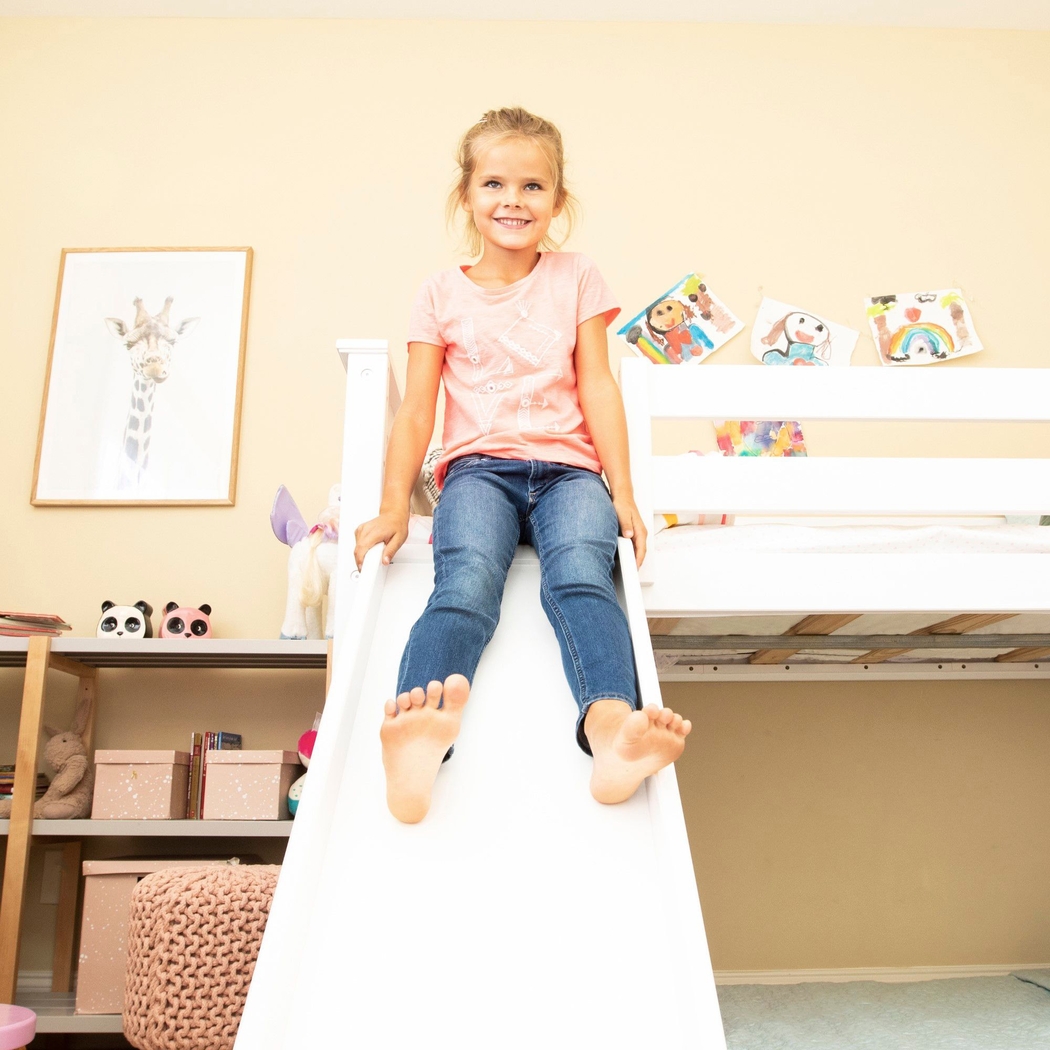 Kids Abdiel White Twin/Twin Low Bunk Bed with Slide and Blue Tent - Thumbnail - Image 5