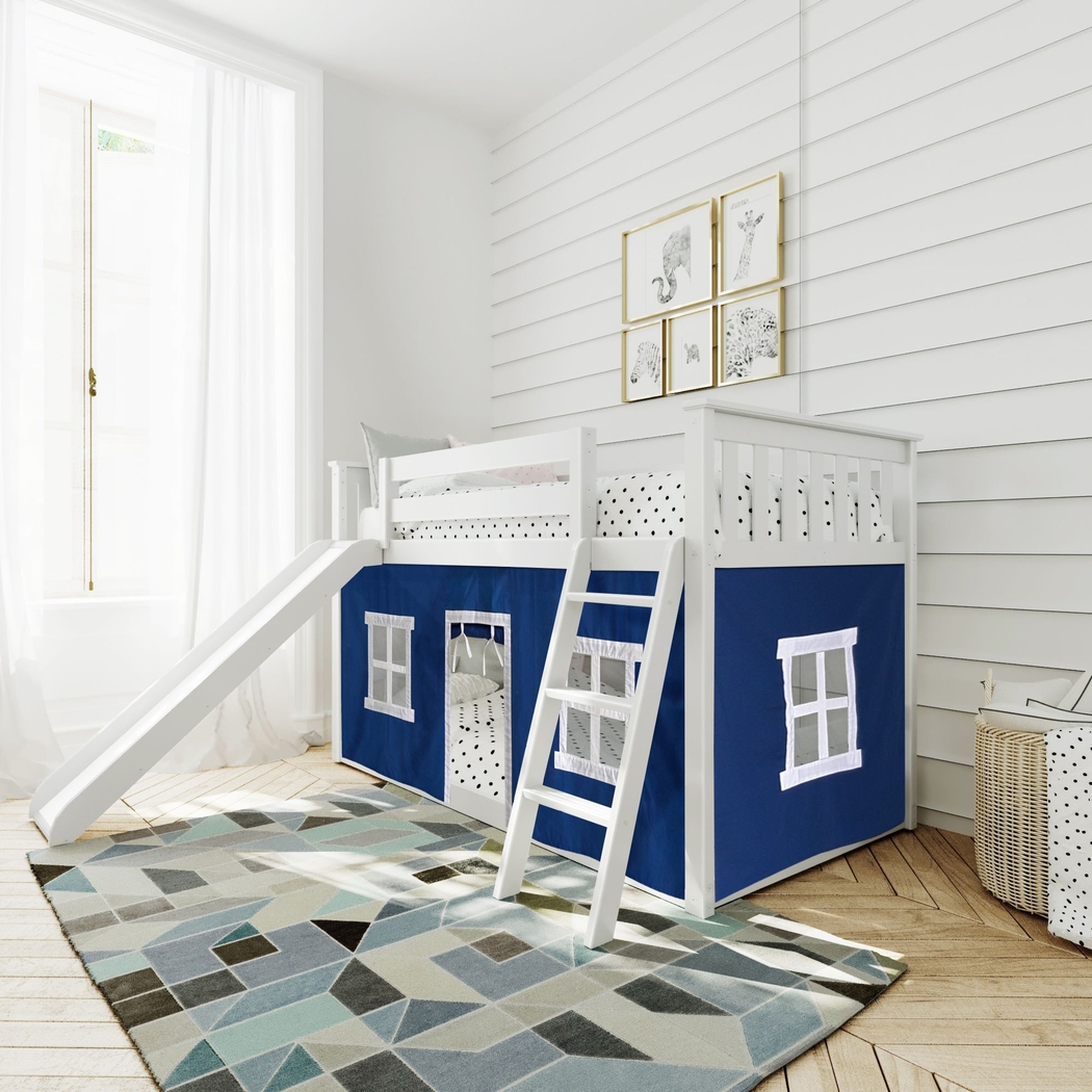Kids Abdiel White Twin/Twin Low Bunk Bed with Slide and Blue Tent - Thumbnail - Image 1