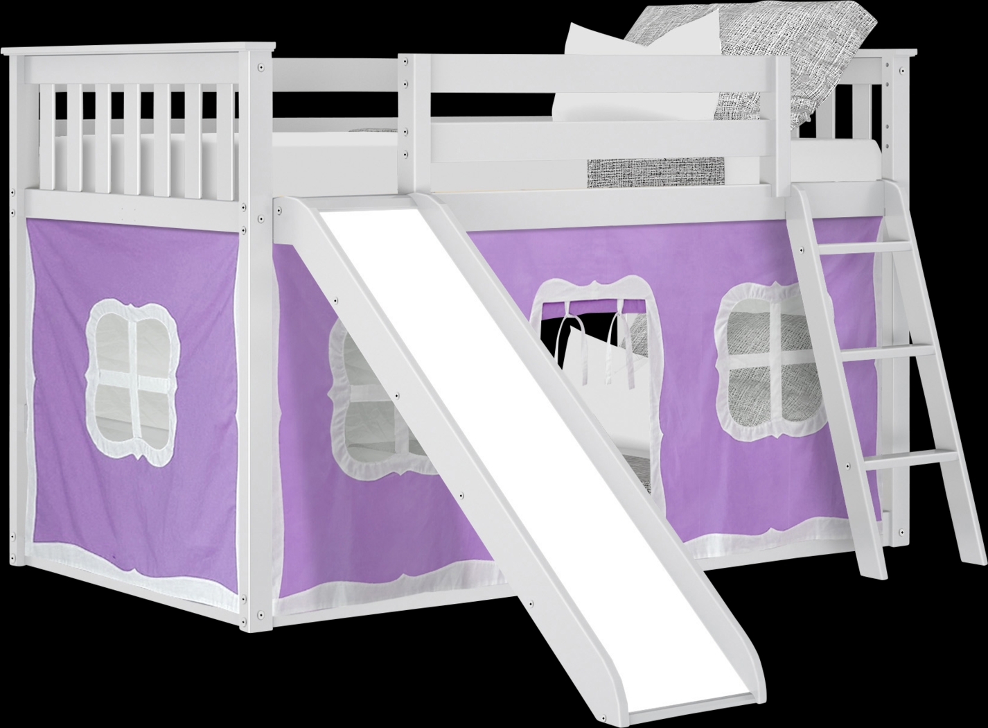 Kids Abdiel White Twin/Twin Low Bunk Bed with Slide and Purple Tent - Thumbnail - Image 2
