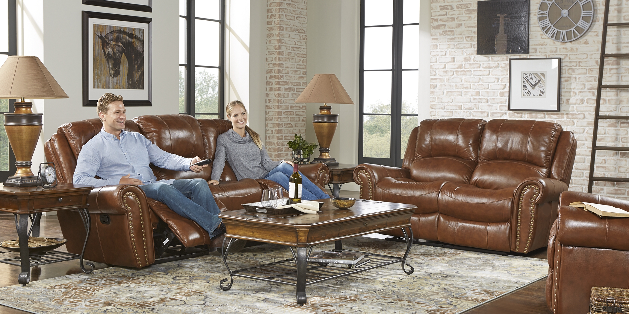 Abruzzo Brown 3 Pc Leather Living Room with Reclining Sofa - Thumbnail - Image 2