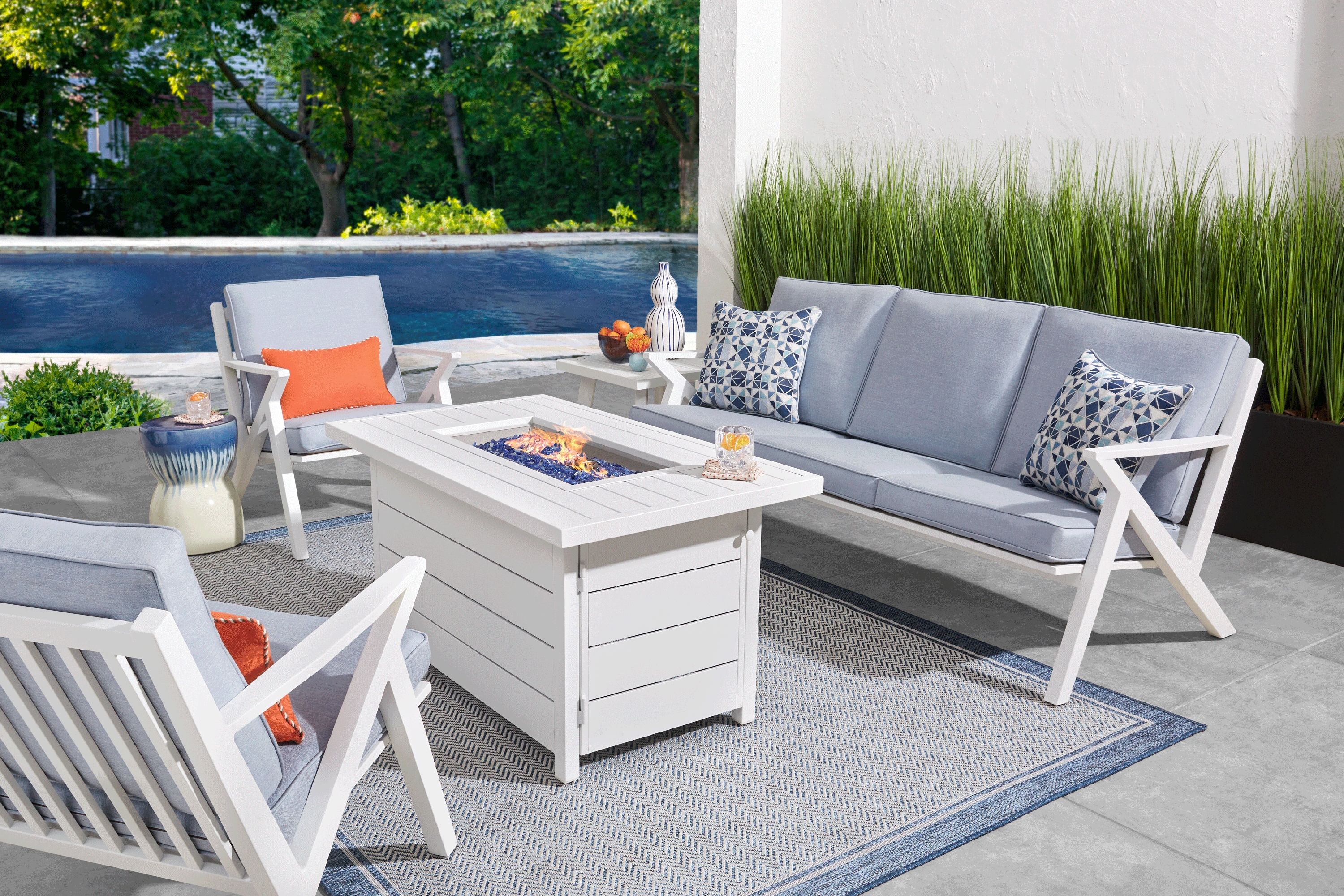 Acadia White 4 Pc Outdoor Fire Pit Seating Set with Hydra Cushions - Thumbnail - Image 1