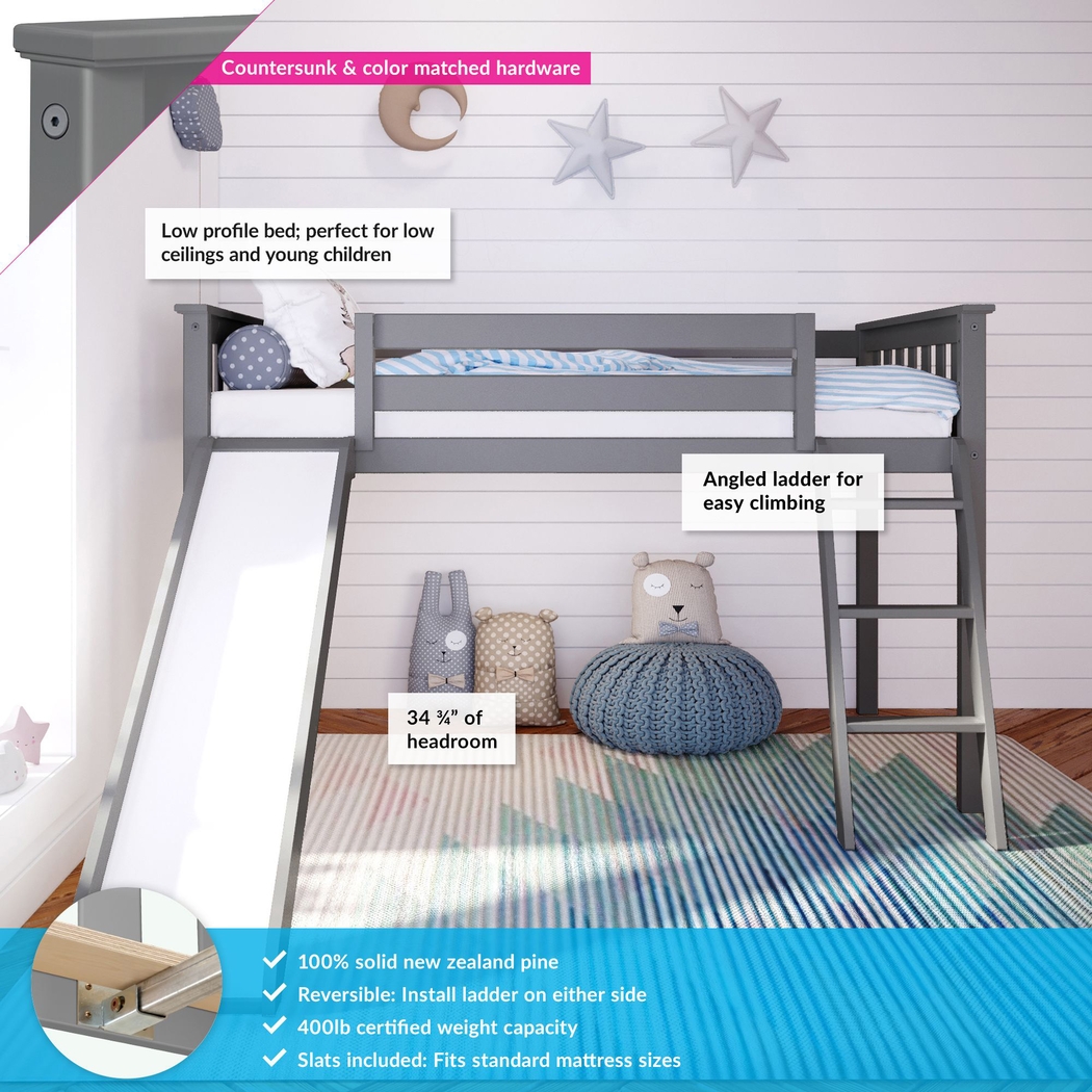 Kids Adeliza Gray Twin Low Loft Bed with Slide - Thumbnail - Image 2
