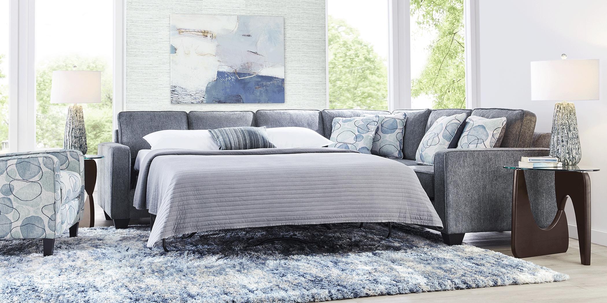 Alanis Bay Blue 5 Pc Gel Foam Sleeper Sectional Living Room - Thumbnail - Image 2