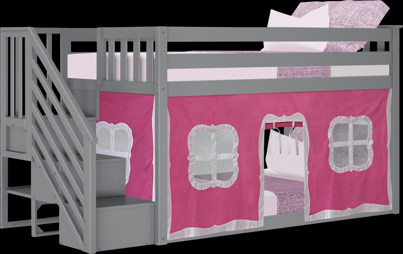 Kids Alekos White Twin/Twin Low Bunk Bed with Staircase and Blue Tent - Thumbnail - Image 2