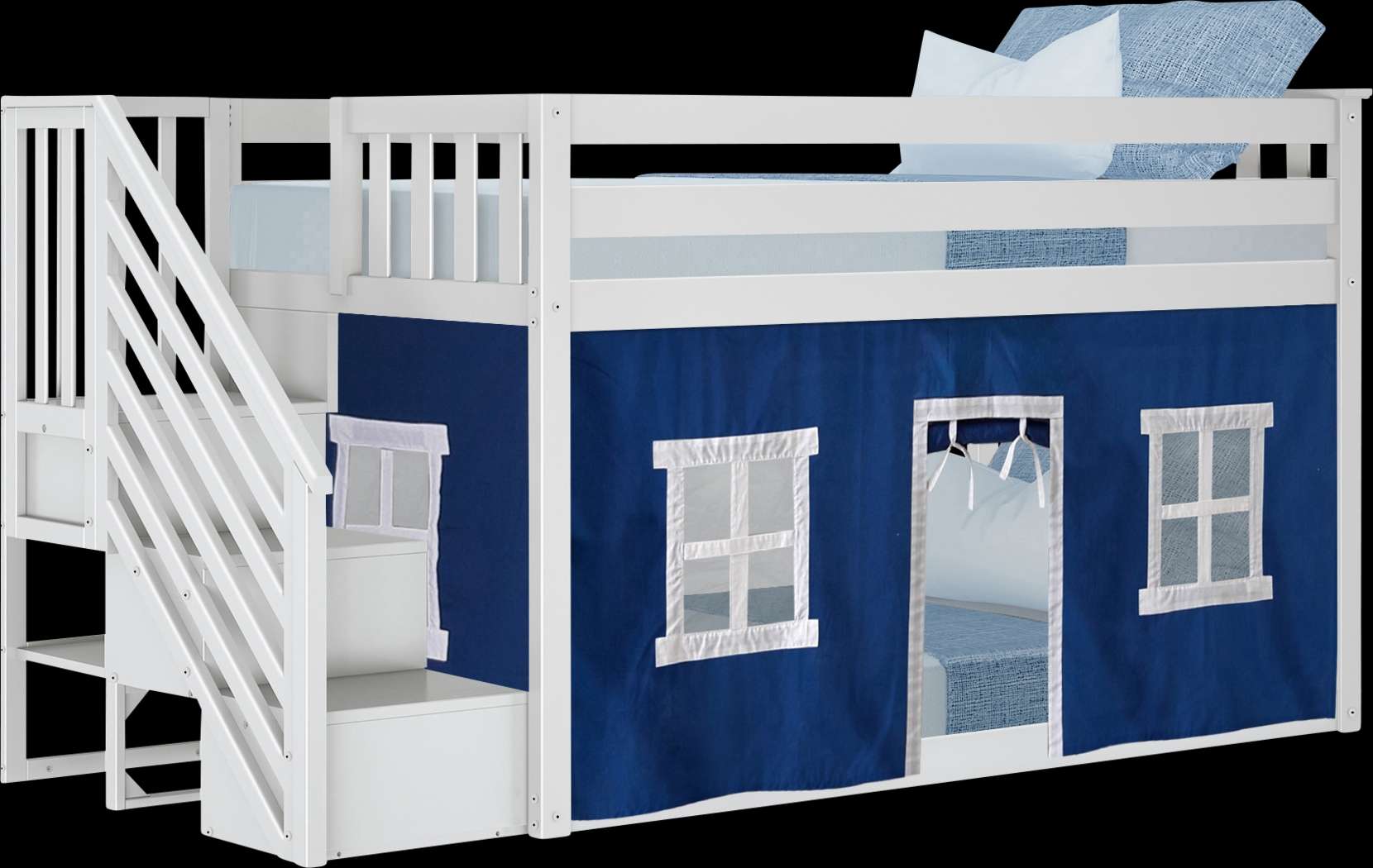 Kids Alekos White Twin/Twin Low Bunk Bed with Staircase and Blue Tent - Thumbnail - Image 2