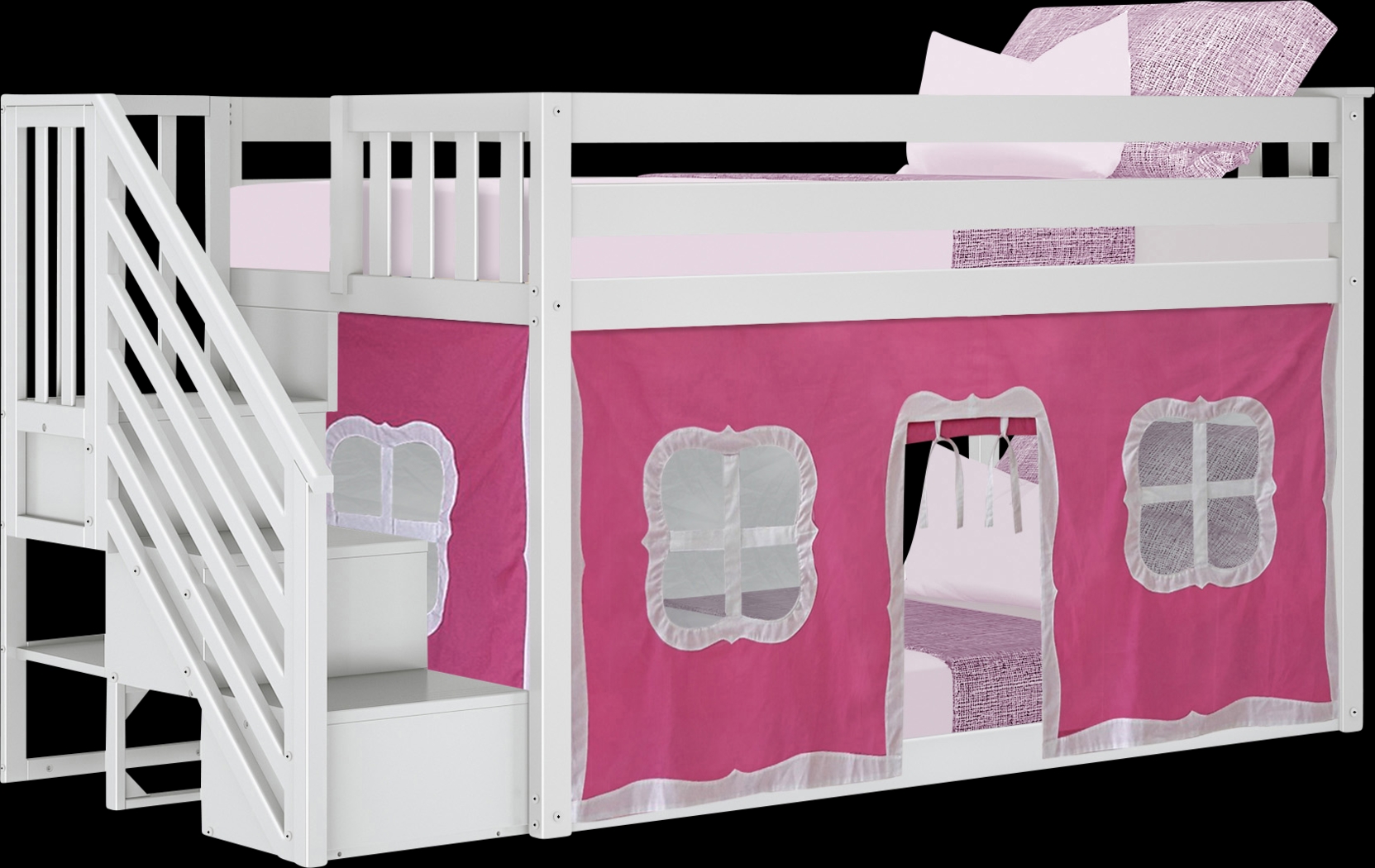 Kids Alekos White Twin/Twin Low Bunk Bed with Staircase and Pink Tent - Thumbnail - Image 2